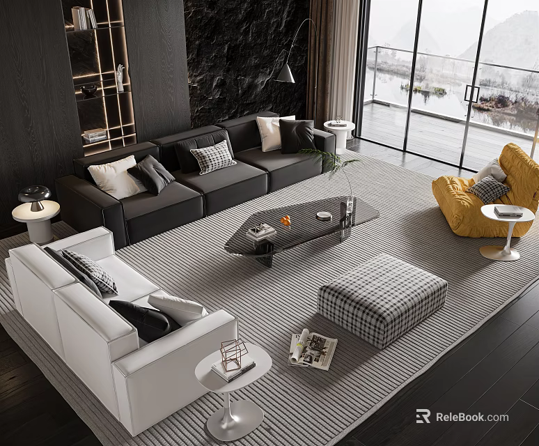 Modern Sofa Coffee Table Set With Black White Yellow Sofas Ottoman Rug And Large Windows 3d model