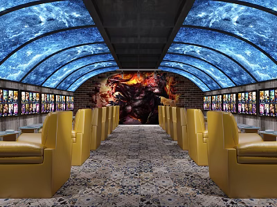 Spacious Internet Cafe Interior With Blue Dome Ceiling Yellow Seats And Colorful Wall Mural 3d model