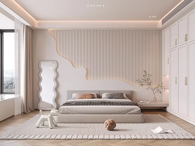 Modern Elegant Bedroom Interior With White Wooden Wall Panel Bed Wardrobe Mirror Carpet And Plant 3d model