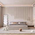Modern Elegant Bedroom Interior With White Wooden Wall Panel Bed Wardrobe Mirror Carpet And Plant