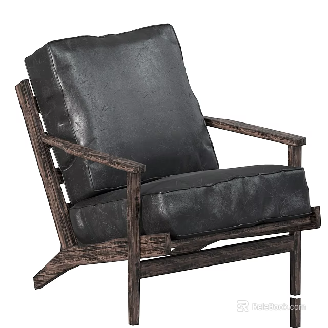 Comfortable Black Leather Leisure Chair With Vintage Wood Frame And Modern Design 3d model 