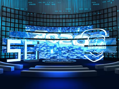 Futuristic 5G Themed Stage with Blue Lighting Digital Screens and Circular Platform 3d model