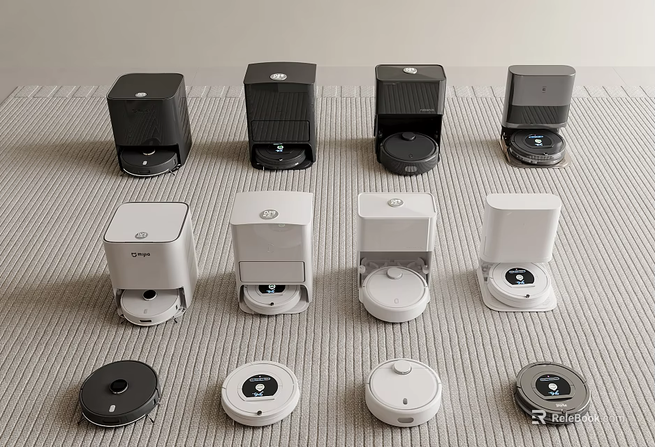 Multiple Smart Robotic Cleaning Devices With Charging Bases In Black And White 3d model 