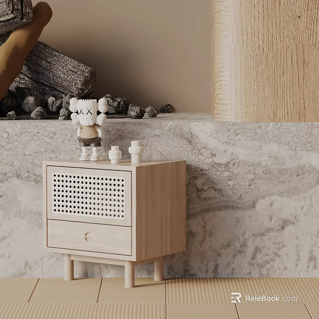 Wooden Side Table With Perforated Design Drawer And Small Doll Candles On Marble Wall Background 3d model 