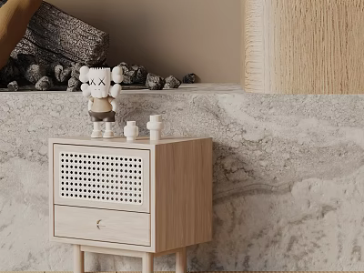 Wooden Side Table With Perforated Design Drawer And Small Doll Candles On Marble Wall Background 3d model