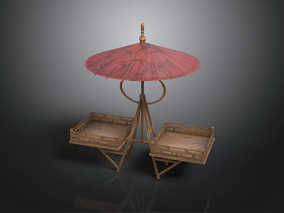 Outdoor Scene Component With Red Umbrella And Wooden Trays On Metal Stand 3d model