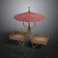 Outdoor Scene Component With Red Umbrella And Wooden Trays On Metal Stand