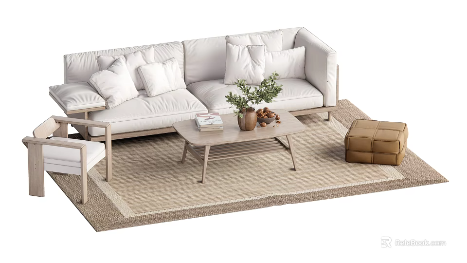 Modern Sofa And Coffee Table Set With Plush Pillows Wooden Table And Neutral Rug 3d model 