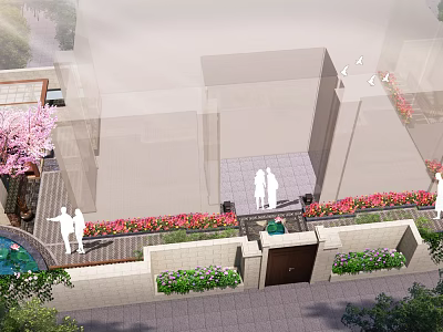 Scenic Courtyard Garden Featuring Cherry Blossom Tree Flower Beds Stone Path And People Silhouettes 3d model