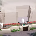 Scenic Courtyard Garden Featuring Cherry Blossom Tree Flower Beds Stone Path And People Silhouettes
