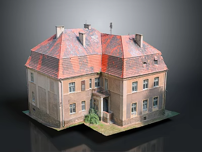 Historic Two Story Building with Red Roof Brick Exterior Windows and Front Porch Greenery 3d model