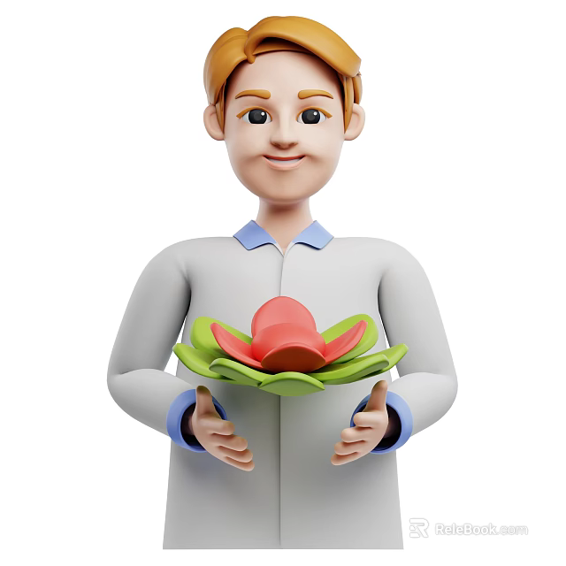 Cartoon Character In Gray Coat With Blue Collar Holding Red Green Flower Shaped Object 3d model 