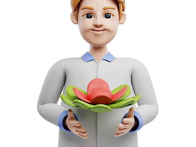 Cartoon Character In Gray Coat With Blue Collar Holding Red Green Flower Shaped Object 3d model