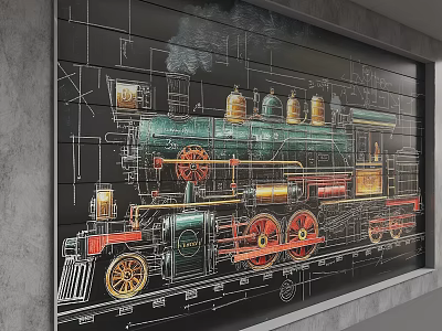 Vintage Train Themed Wall Featuring Hand Drawn Line Art Bells Chimney And Wheels 3d model