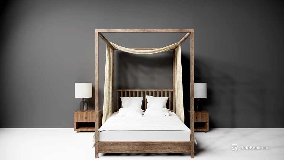Wooden Four Poster Double Bed With Nightstands And Table Lamps In Grey Wall Room 3d model 