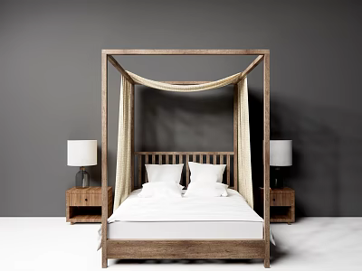 Wooden Four Poster Double Bed With Nightstands And Table Lamps In Grey Wall Room 3d model