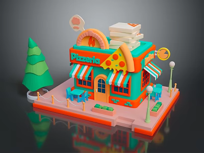 Colorful Cartoon Style Pizzeria 3D Model With Pizza Sign Stacked Boxes Outdoor Seating And Trees 3d model