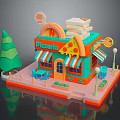 Colorful Cartoon Style Pizzeria 3D Model With Pizza Sign Stacked Boxes Outdoor Seating And Trees