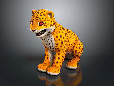 3D Cheetah Cub Model with Yellow Black Spotted Fur Red Eyes Sitting on Reflective Surface 3d model