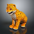 3D Cheetah Cub Model with Yellow Black Spotted Fur Red Eyes Sitting on Reflective Surface