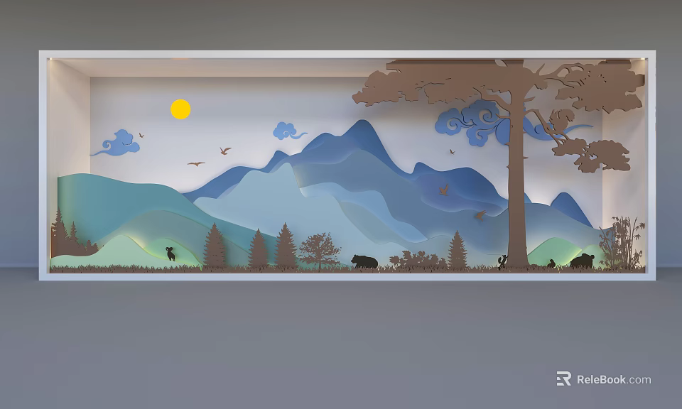 Nature Themed Background Wall With Blue Mountains Sun Clouds And Forest Animals 3d model