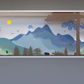 Nature Themed Background Wall With Blue Mountains Sun Clouds And Forest Animals 3d model