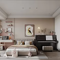 Modern Minimalist Bedroom Interior With Wooden Bedhead Wall Pendant Light Nightstand Rug And Artwork
