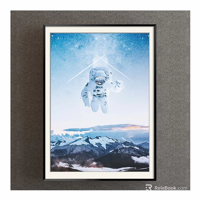 Astronaut Floating Figure Painting With Starry Sunset Sky And Snowy Mountains 3d model 