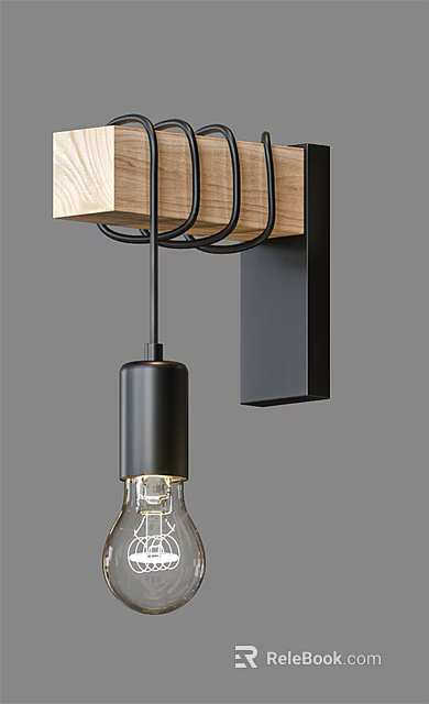 Modern Wall Sconce With Wooden And Black Metal Frame Clear Glass Bulb Contemporary Design 3d model 