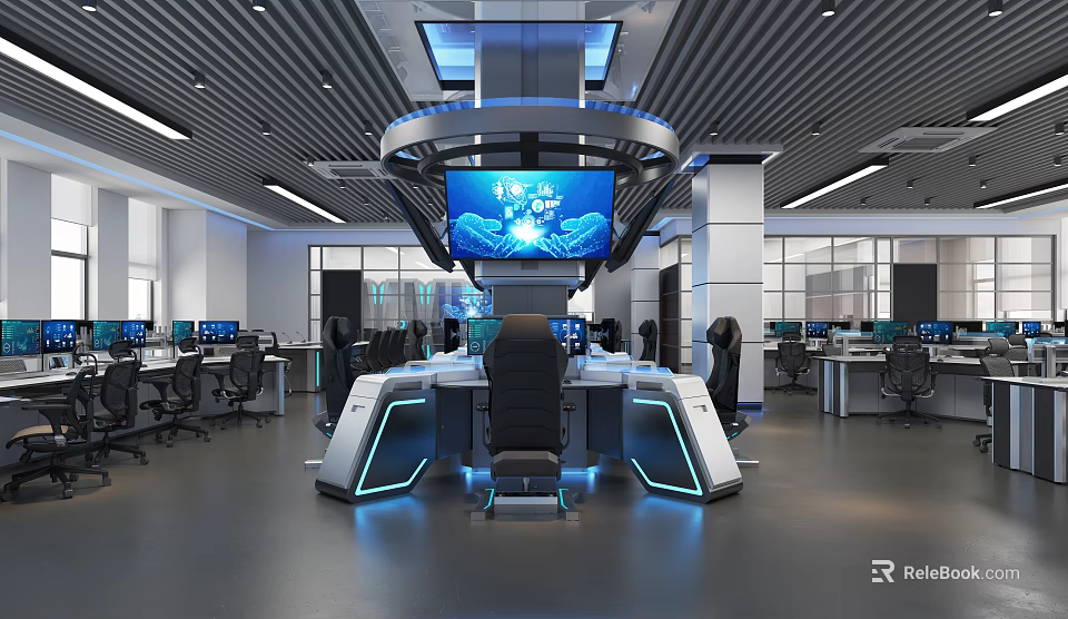 Modern Monitoring Room With High Tech Screens And Control Desks 3d model 