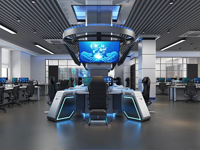 Modern Monitoring Room With High Tech Screens And Control Desks 3d model