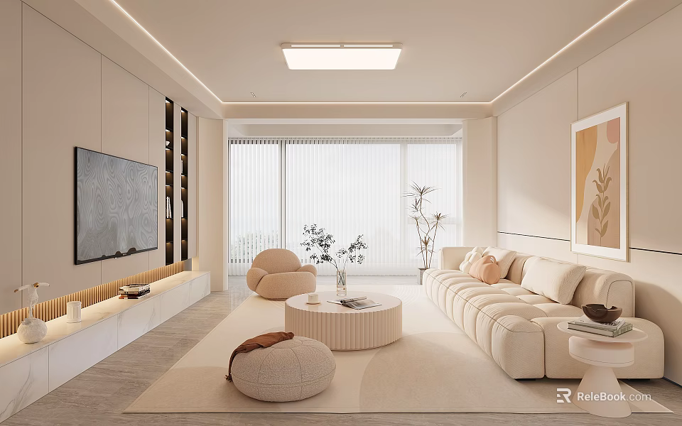 Modern Living Room Interior With Beige Sofa Round Coffee Table Decorative Painting And Large Windows 3d model 