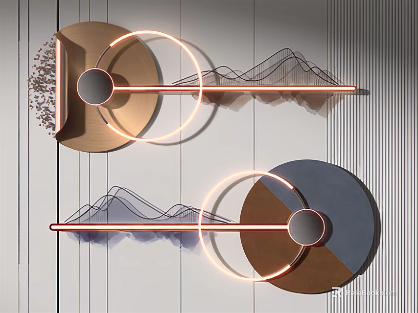 Modern Luxury Wall Decor With Circular Designs Mountain Patterns And Neon Light 3d model