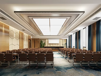 Spacious Conference Room With Neatly Arranged Chairs Wooden Walls Blue Curtains Ceiling Lighting And Carpet 3d model