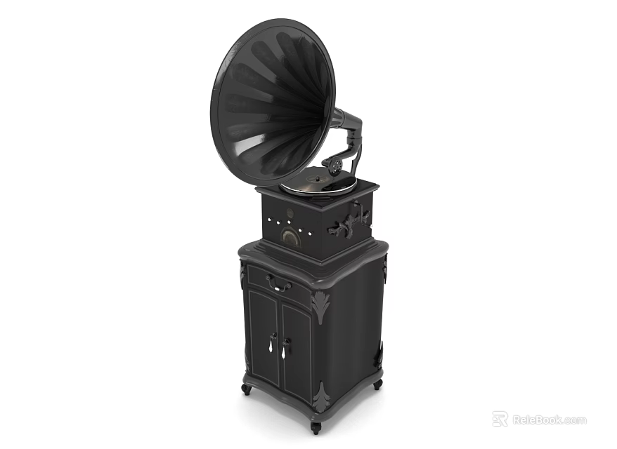 Vintage Retro Gramophone Audio System In Black With Cabinet Base And Horn Design 3d model 