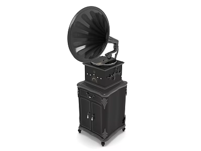 Vintage Retro Gramophone Audio System In Black With Cabinet Base And Horn Design 3d model
