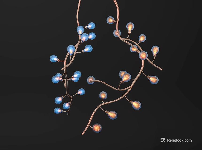 Branch Shaped Chandelier With Blue And Orange Small Lights On Black Background 3d model 
