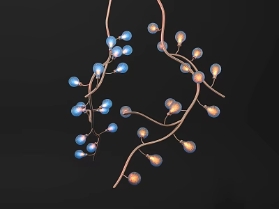 Branch Shaped Chandelier With Blue And Orange Small Lights On Black Background 3d model