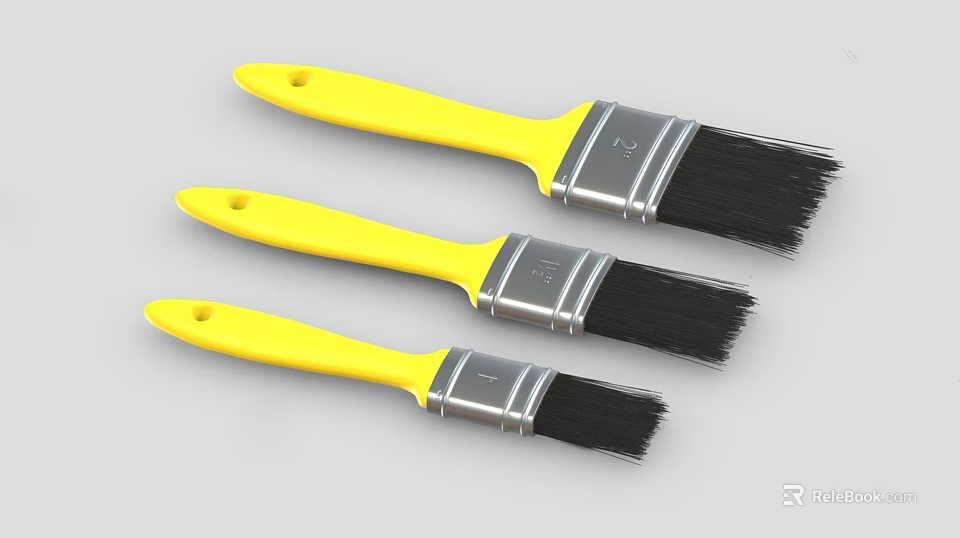 Three Yellow Handle Paintbrushes Featuring Black Bristles And Metal Ferrule For Daily Use 3d model 