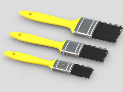 Three Yellow Handle Paintbrushes Featuring Black Bristles And Metal Ferrule For Daily Use 3d model