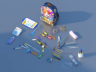 Colorful Schoolbag And Assorted Stationery Items With Pencils Scissors Rulers And Erasers 3d model