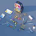 Colorful Schoolbag And Assorted Stationery Items With Pencils Scissors Rulers And Erasers