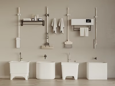 Modern Bathroom With Cleaning Tools And Washing Sinks 3d model