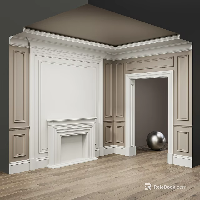 Elegant Interior Design Featuring White Crown Molding Fireplace Wall Panels And Wooden Floor 3d model 