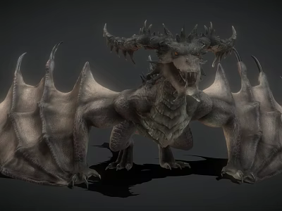 Fierce Mythical Dragon Character From Game And Film With Spiked Horns Large Wings Scaly Body 3d model