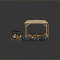 Traditional Japanese Garden Scene with Wooden Pavilion Red Umbrella Stone Water and Straw Decorations