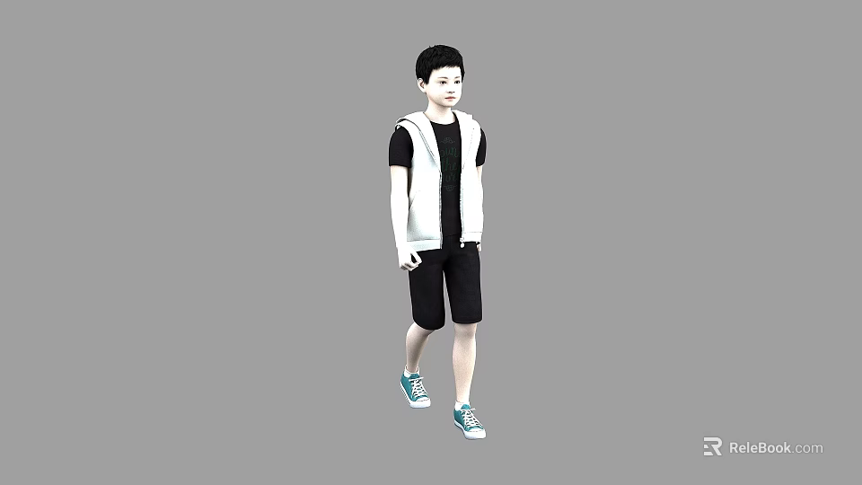A Young Man Wearing White Vest Black Shorts And Green Sneakers Walking 3d model 