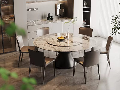 Elegant Modern Round Dining Table Set With Marble Tabletop Black Base And Six Leather Chairs 3d model