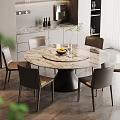 Elegant Modern Round Dining Table Set With Marble Tabletop Black Base And Six Leather Chairs
