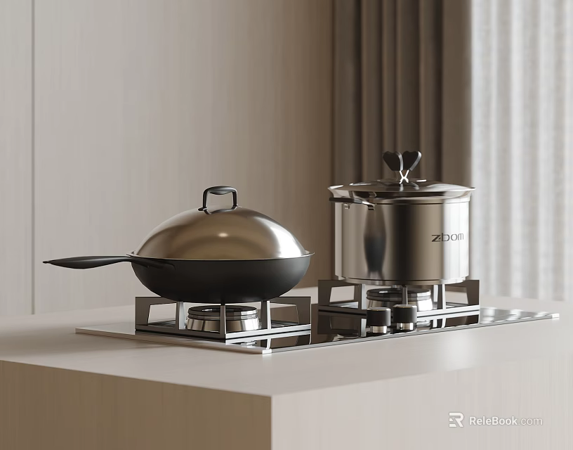 Modern Kitchen Silver Wok And Stainless Steel Pot On Light Colored Countertop Stove 3d model 